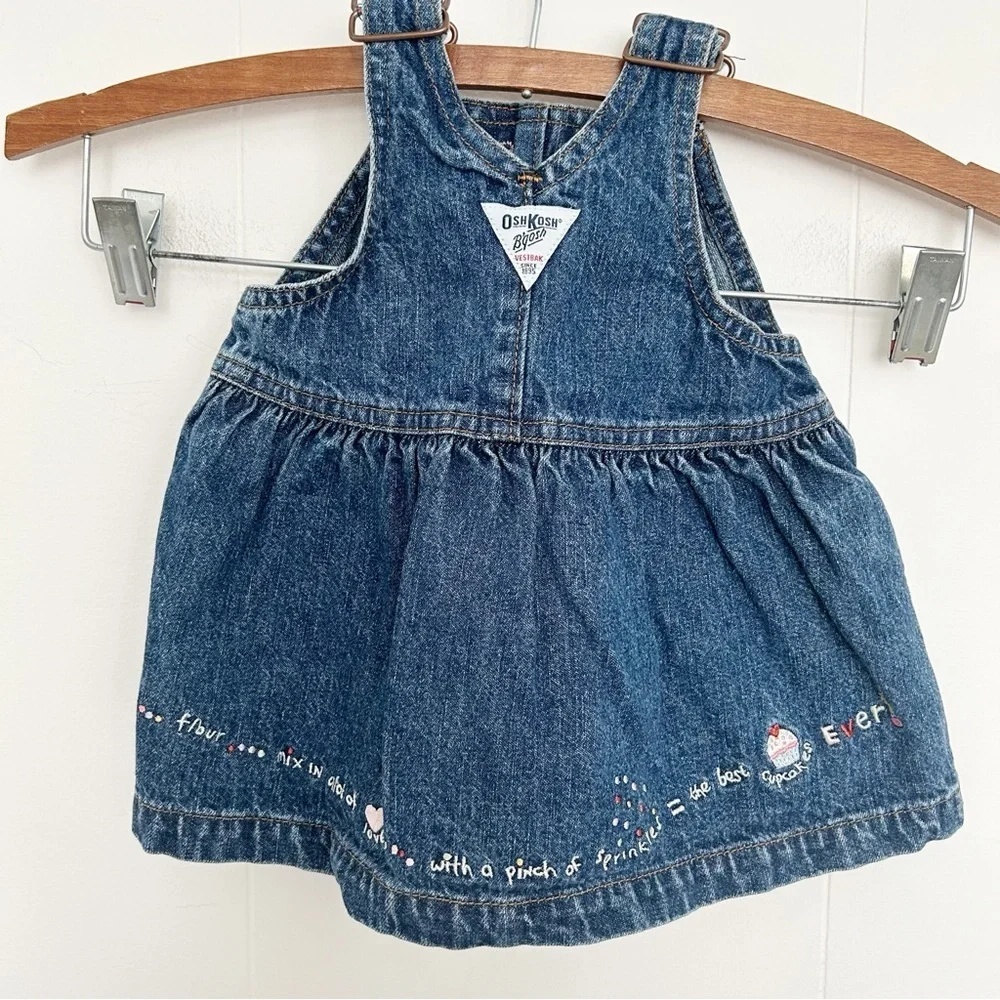 Oshkosh‎ B’Gosh Denim Bib Overall Dress Cupcake embroidery Size 0/3 Months